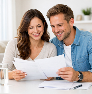 Paar prüft gemeinsam Versicherungsunterlagen zu Hause